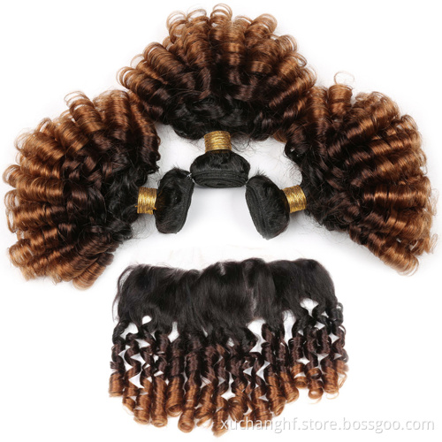 1B/4/27 Ombre Brazilian Bouncy Curly Hair 3 Tone Virgin Human Hair Bundles remy hair extension with frontal
